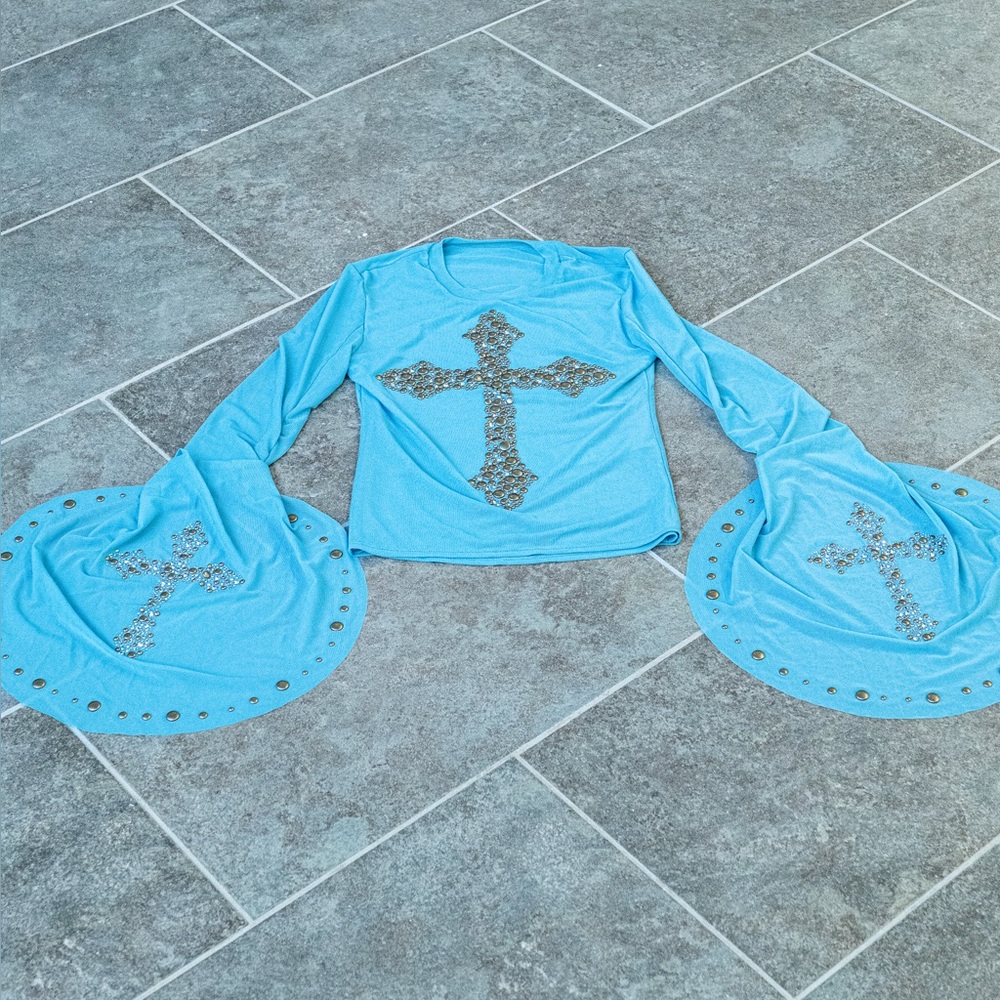 Y2K Cross Mesh Long Sleeve Top – Crystal Studded Sheer Shirt with Flared Sleeves